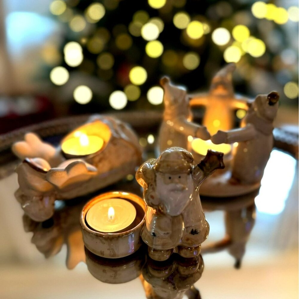 VTG Ceramic XMAS Tea Light Holder Santa & Angel Figurines Neutral esthetic beige
